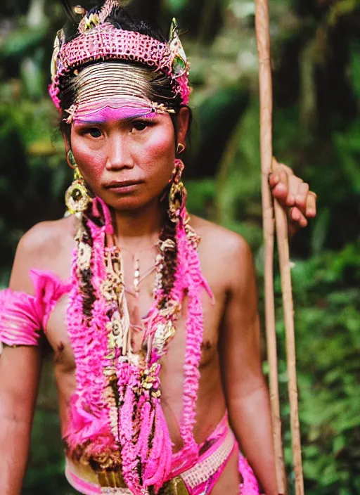 Prompt: portrait of female amazon warrior wearing pink kebaya in bali, by charlotte grimm, natural light, detailed face, canon eos c 3 0 0, ƒ 1. 8, 3 5 mm, 8 k, medium - format print