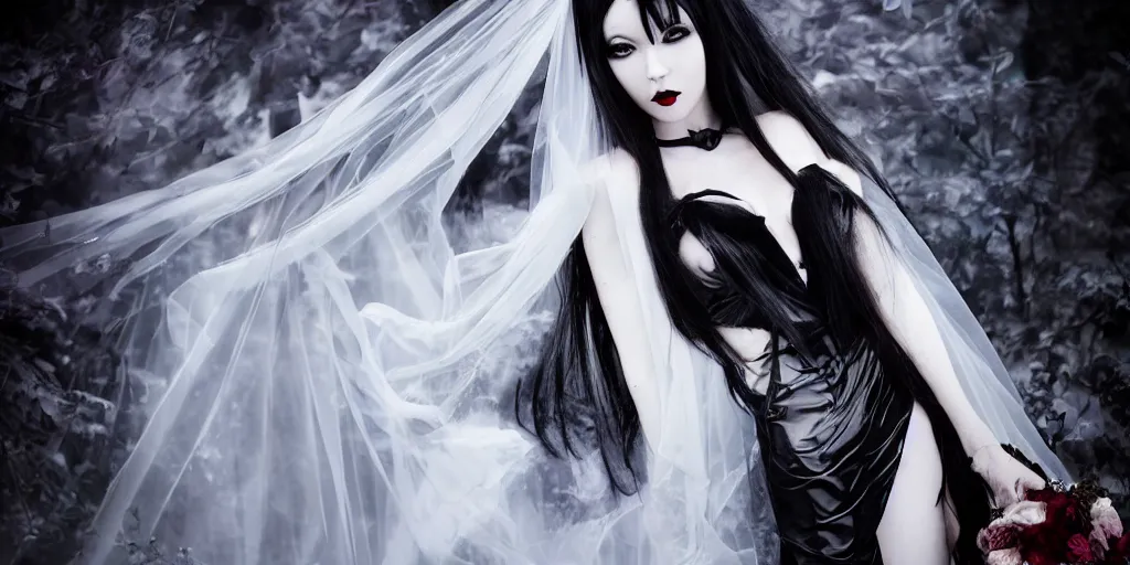 Image similar to vampire bride, full body portrait, anime aesthetic, cinematic, dramatic, ominous, symmetrical