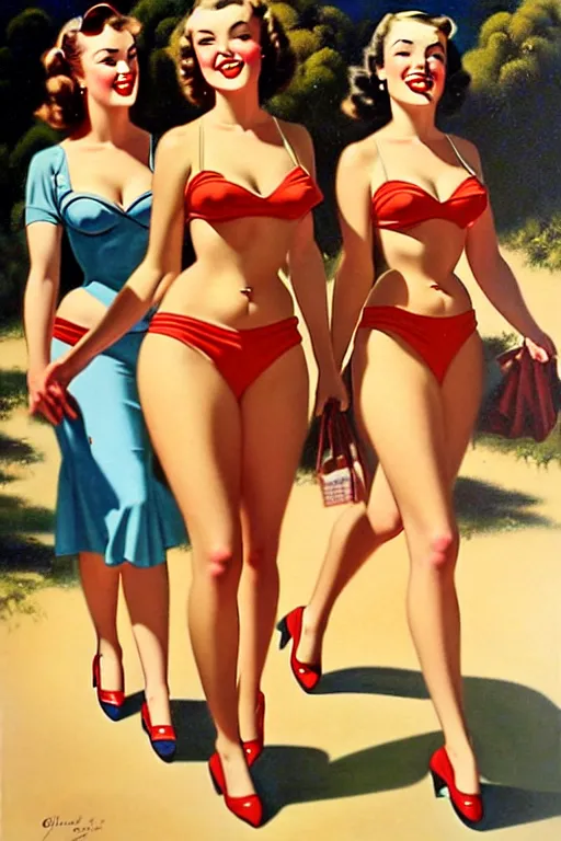 Image similar to 1940s group of pinup bikini girls walking around 1940s Adelaide, in Australia, oil painting, by Gil Elvgren