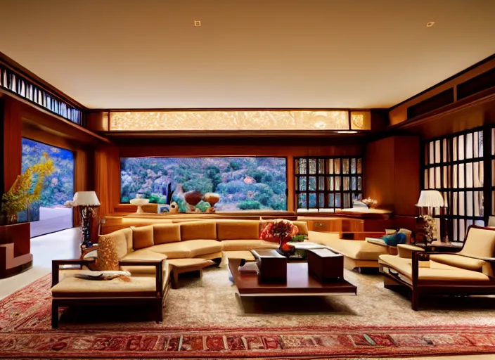 Image similar to a high end luxury living room designed by frank lloyd wright, interior design magazine photography