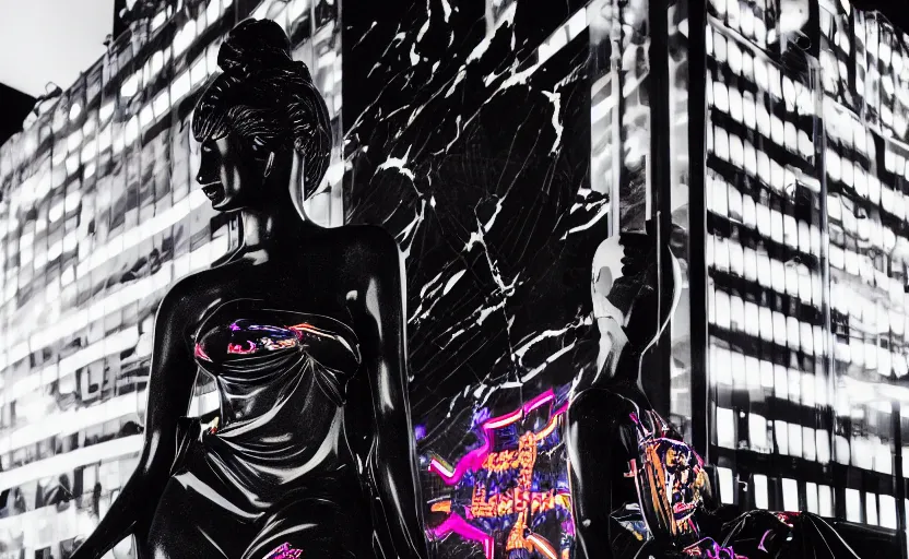 Image similar to night time photo of billboard advertisement of extremely beautiful female black marble statue in the style of virgil abloh, colorful motocross logos behind her, sharp focus, clear, detailed,, cinematic, detailed, off white, glamourous, symmetrical, vogue, editorial, fashion, magazine shoot, glossy