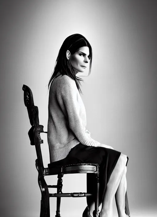 Image similar to Sandra Bullock for Victorian Secret, sitting on a chair, natural pose ,by nick knight, color photography, full length shot, extremely detailed, 50mm, natural light, m, rule of thirds, symmetrical balance, depth layering, polarizing filter, Sense of Depth