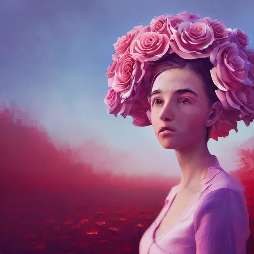 Image similar to closeup, large rose flower under head, frontal, girl in a suit, surreal photography, sunrise, dramatic light, impressionist painting, digital painting, artstation, simon stalenhag