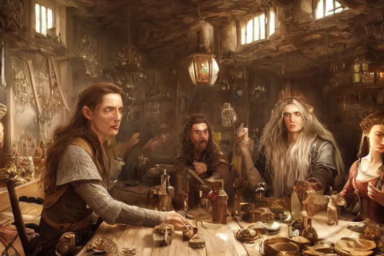 Prompt: Beautiful hyperrealistic detailed matte portrait painting of an elf in a tavern that looks like it's from lord of the rings and bazaar by greg rutkowski, andreas rocha and john howe, and Martin Johnson Heade,featured on artstation, ultrawide angle,f16 , golden ratio, f32, well composed, cohesive