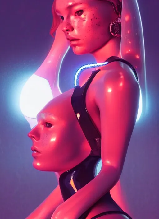Image similar to a sensual russian female humanoid with freckles cheeks, cyber neon lighting, futurism, intricate futuristic jewelry accessories, cyberpunk glossy latex swimsuit, profile posing, hyper photorealistic, crispy quality, digital photography, trending in artstation, trending in pinterest, cinematic, 4 k ultra hd, art by pascal blanche, art by greg rutkowski,