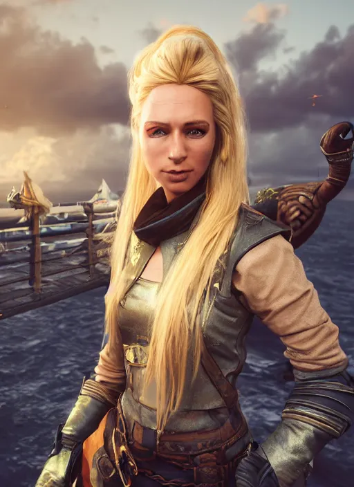 Image similar to An epic fantasy comic book style portrait painting of tall blonde haired female sky-pirate with a serious face and a pony tail in front of a metal gangplank, unreal 5, DAZ, hyperrealistic, octane render, cosplay, RPG portrait, dynamic lighting