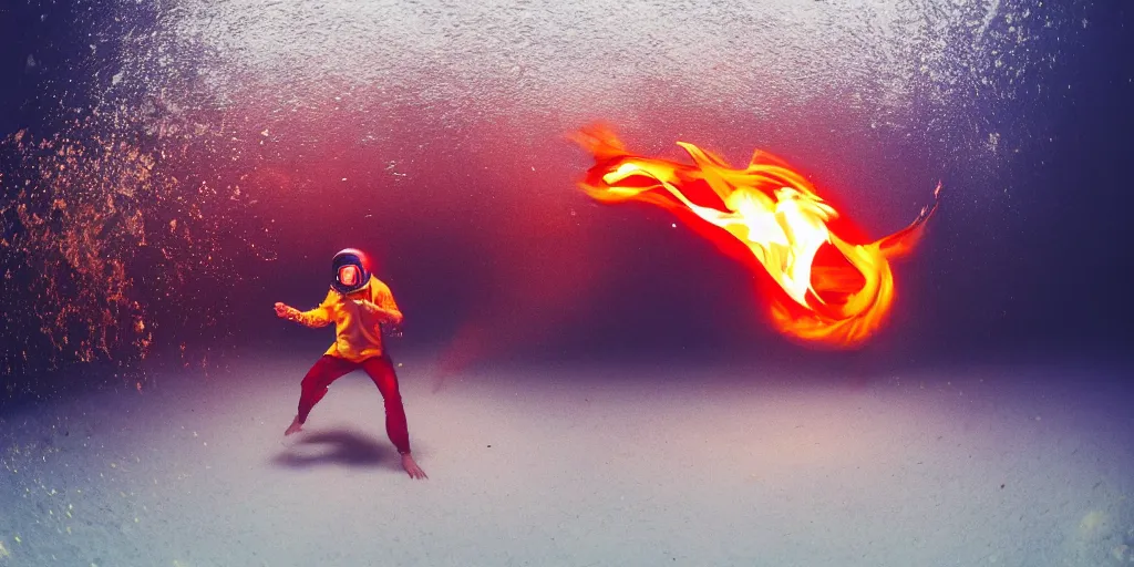 Image similar to underwater fisheye slow motion with trail fire effect of futuristic break dancer wearing long dark cloak and golden helmet emitting magic dust and fire, long exposure shot , enigmatic, at night underwater in the middle of the arctic with red light A letter, paddle of water, steam, fog, water splashes, rim lights, glossy reflections, water droplets on lens, octane render, Volumetric dynamic lighting, stunning cover magazine, high details, hajime sorayama