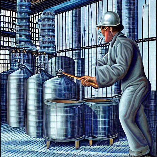 Prompt: drummer in metal refinery by rob gonsalves