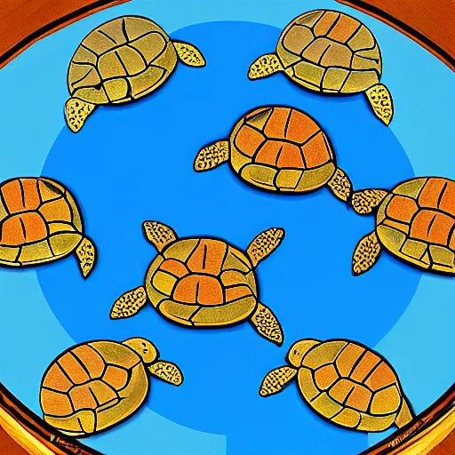 Image similar to a stack of turtles beneath a round disc map, map on top