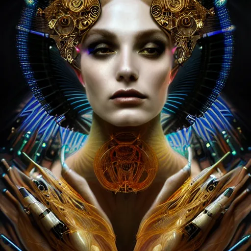 Image similar to extremely psychedelic beautiful cyborg queen of lsd infected by night. intricate, elegant, highly detailed, extremely lifelike photorealistic digital painting, artstation. steichen, gaston bussiere, tom bagshaw, cyberpunk alphonse mucha. elegant minimalism. anatomically correct. sultry rage. sharp focus. gold and black, white accents. lifelike