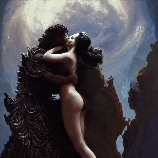 Image similar to “Super model Venus kissing hephaestus, dark, intricate, fantasy, intricate, elegant, highly detailed, digital painting, artstation, concept art, matte, sharp focus ,highly detailed, smooth, artstation, digital illustration by Ruan Jia and Mandy Jurgens and Artgerm and Wayne Barlowe and Greg Rutkowski and Frank Frazetta”