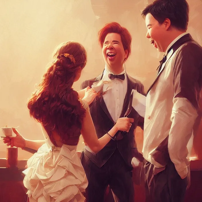 Image similar to michael mcintyre flirting with a singing waitress, elegant, real life skin, intricate artwork, high detailed, artstation, concept art, smooth, sharp focus, art by artgerm and greg rutkowski