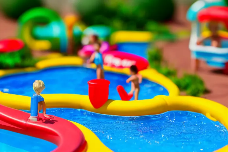 Image similar to fisher price public pool, california, in 2 0 1 5, sharp focus, scene from tv show hyper detailed 5 5 mm 8 5 mm, toy photography, made out of plastic