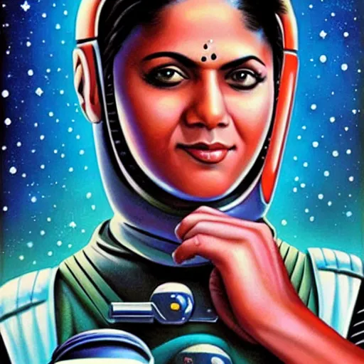 Prompt: a female space cadet from india, resting after a hard mission, happily tired, sci fi character portrait by Jason Edmiston