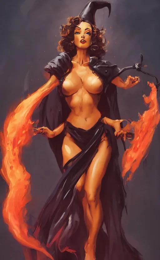 Image similar to pinup of a fine cultured witch, with robes of fire and smoke 🍑, by Jeff Simpson, Simon Bisley, Clint Cearley, and Frank Frazetta concept art, artstation, deviantart