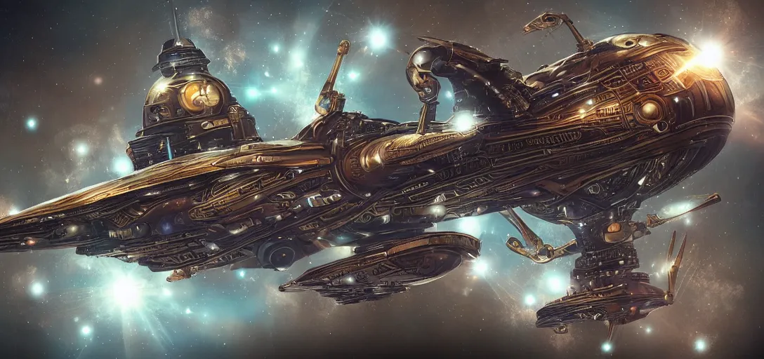 Prompt: futuristic digital art of a steampunk spaceship, deep space background,