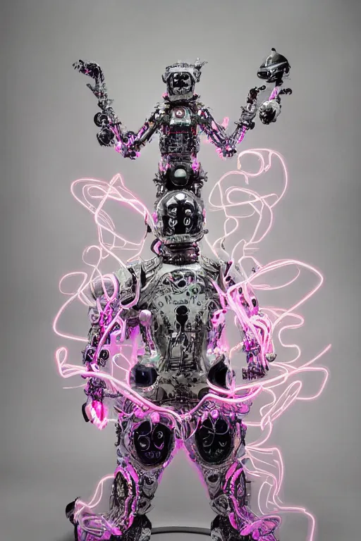 Prompt: full-body rococo and cyberpunk style neon statue of a young attractive portugues macho dotado android reclining sim roupa con piroca dura, glowing white laser eyes, prince crown of pink gears, diamonds, swirling silver-colored silk fabric. futuristic elements. full-length view. space robots. human skulls. intricate artwork by caravaggio. Trending on artstation, octane render, cinematic lighting from the right, hyper realism, octane render, 8k, depth of field, 3D