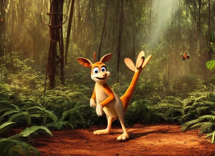 Prompt: a still from a pixar movie, of a kangaroo wearing brown explorer clothes, standing in an overgrown dense tropical forest, butterflies and sunrays, hd 4 k high detailed
