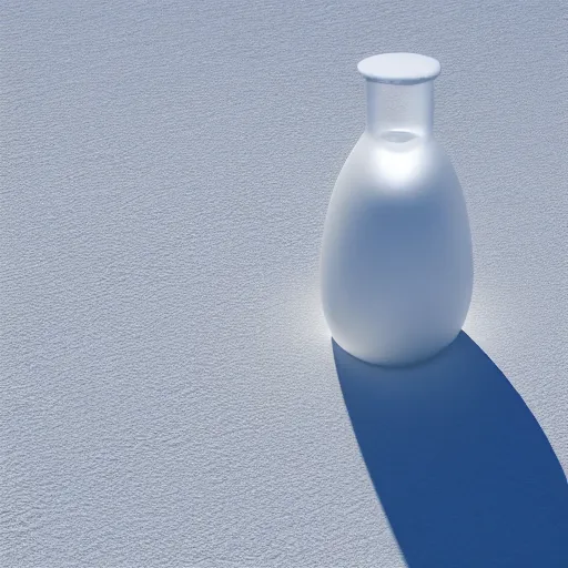 Image similar to perfume bottle on a white zen clean modern minimalist white sand beach with an ocean view, frozen and covered in ice, by peter tarka in an ivory room well contoured smooth fair walls, zaha hadid octane highly render, 4 k, ultra hd,