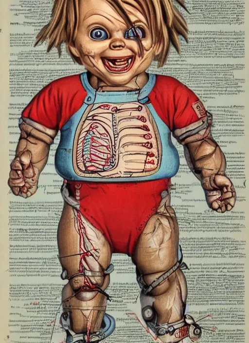 Prompt: vintage medical anatomical illustration of chucky from child's play ( 1 9 8 6 ), highly detailed, labels, intricate writing