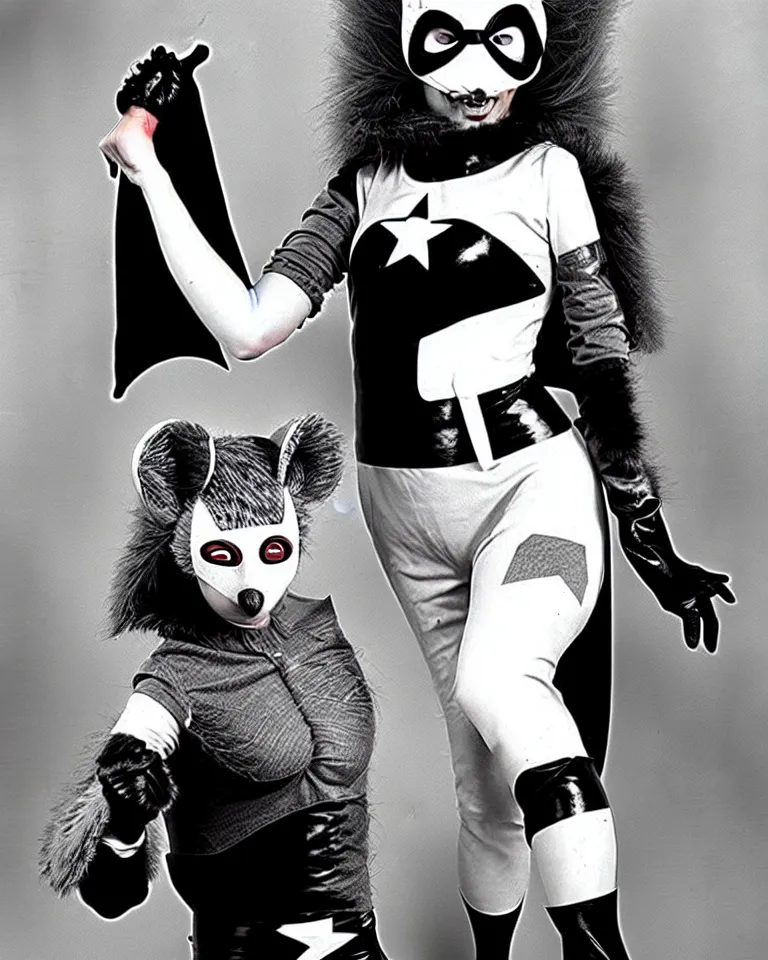 Image similar to new marvel superhero opossum girl, 1 9 7 0 s photo