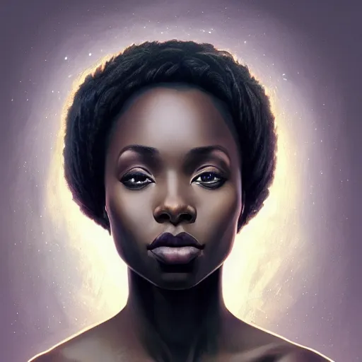 Image similar to black african princess, warm volumetric lighting, cosmic, symmetric, highly detailed, concept art, heavenly, intricate, sharp focus, illustration, alexandros pyromallis, bouguereau, rutkowski, artgerm, alphonse mucha