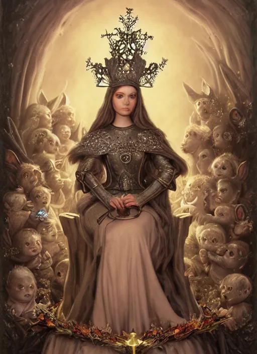 Prompt: highly detailed closeup portrait of a goth fairytale joan of arc wearing a crown and sitting on a throne, surrounded by cutr bunnies, unreal engine, nicoletta ceccoli, mark ryden, earl norem, lostfish, global illumination, god rays, detailed and intricate environment