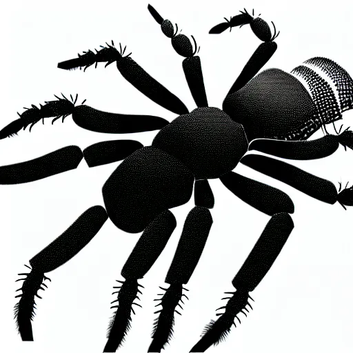 Image similar to book illustration of a tarantula with a machine gun mounted on its back. book illustration, monochromatic, white background, black and white image