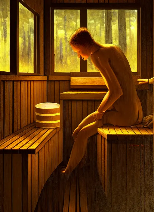 Image similar to finnish sauna, backround dark, highly detailed, digital illustration, trending in artstation, modern painting, smooth, sharp focus, intricate, einar jonsson, ilya repin