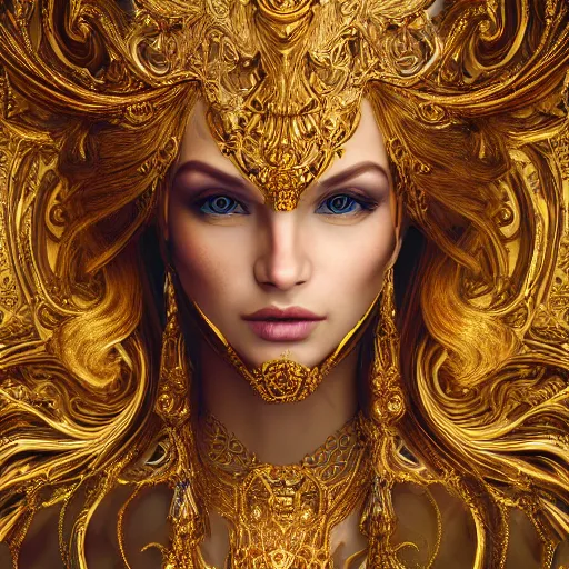 Prompt: wonderful princess made of golden marble, beautiful face, hyper detailed, flowing psychadelic background intricate and detailed, ornate 8 k gorgeous intricate detailed, octane render