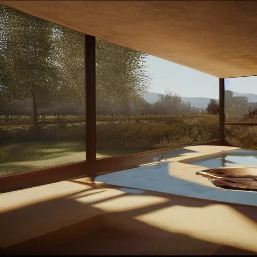 Image similar to realistic architecture created with camembert and empty bootle of wine, frank lloyd wright, french landscape, octane, redshift, 4 k,