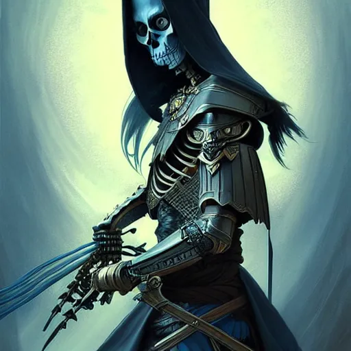 Image similar to samurai skeleton dark, d & d, blue eyes, dark fantasy, intricate, elegant, highly detailed, digital painting, artstation, concept art, smooth, sharp focus, illustration, art by artgerm and greg rutkowski and alphonse mucha