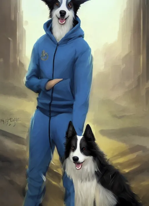 Image similar to beautiful portrait of a cute male anthropomorphic border collie fursona wearing a blue tracksuit in a metropolis. character design by charlie bowater, henry asencio, and ross tran. scenic background, detailed, glamor pose, aesthetic, trending on artstation, top rated on furaffinity and deviantart