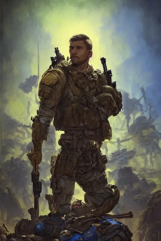 Image similar to special forces soldier with ukrainian blue yellow flag standing on a pile of skulls as a winner, masculine figure, d & d, fantasy, bright atmosphere, volumetric lights, intricate, elegant, extremely detailed, digital painting, artstation, concept art, matte, smooth, sharp focus, hyper realistic, illustration, art by artgerm and greg rutkowski and alphonse mucha