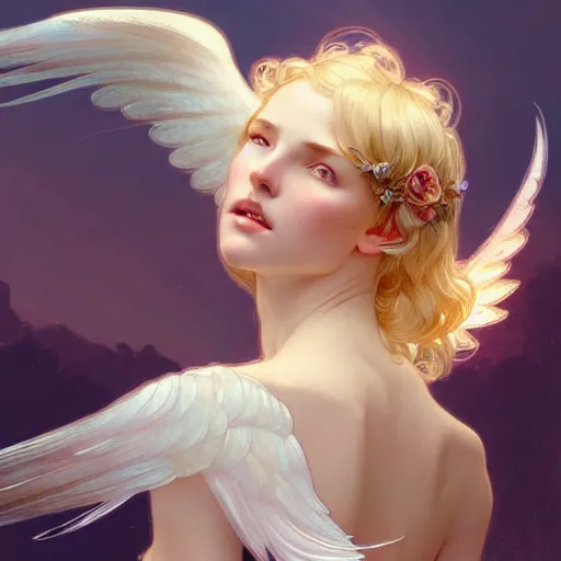 Image similar to Girl angel with elegant and delicate wings blonde hair and glowing halo, fantasy, intricate, elegant, highly detailed, digital painting, artstation, concept art, smooth, sharp focus, illustration, art by Krenz Cushart and Artem Demura and alphonse mucha