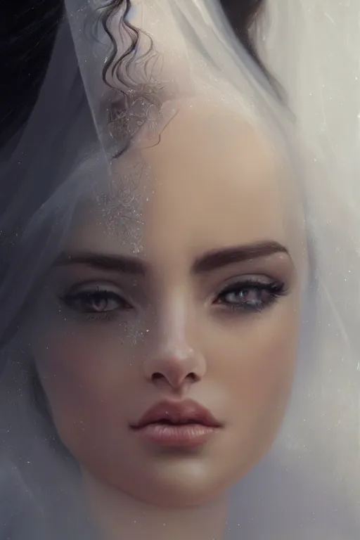 Image similar to Ameera al-Taweel, blue eyes, long wavy black hair, white veil, closeup, focus face, elegant, highly detailed, centered, digital painting, artstation, concept art by tom bagshaw, illustration