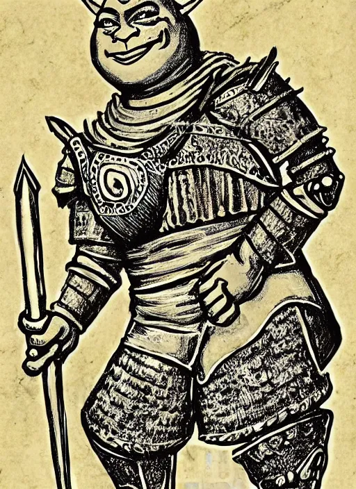 Prompt: medival scroll illustration of a Shrek in armour from Shrek the movie, fine detail, copperplate