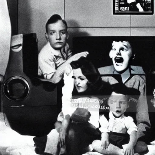 Prompt: An alien watching television with his alien family. 1940s photograph.