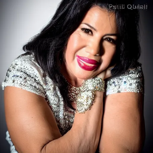 Image similar to dslr photo portrait still of 5 1 year old age 5 1 selena quintanilla at age 5 1!!!, 8 5 mm f 1. 8, studio lighting, vogue