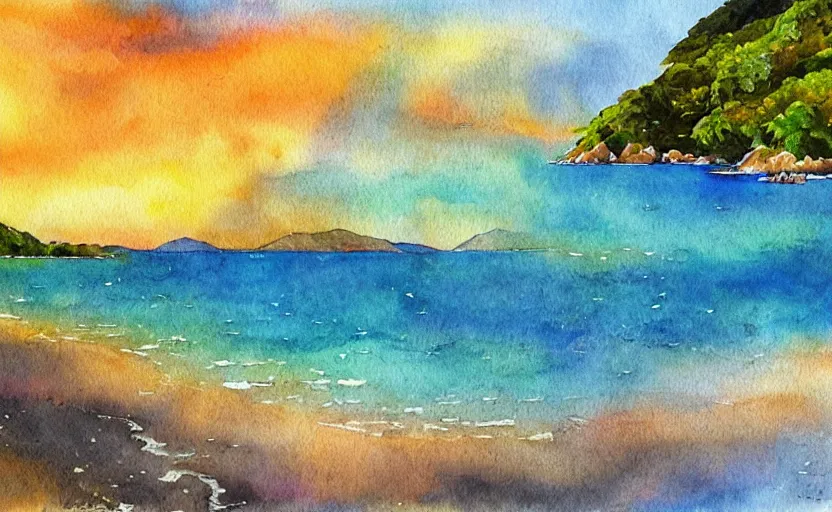 Prompt: golden bay abel tasman new zealand in the style of vibrant watercolor painting, digital art, high quality, highly detailed, high coherence,, concept art, marterpiece