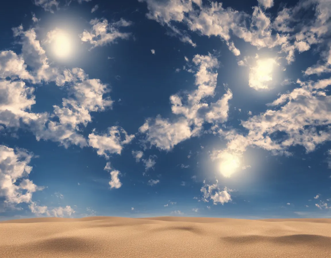 Prompt: 3 d rendering o photorealistic flying sandy beach sphere / planet, beautiful soft lighting, fluffy clouds