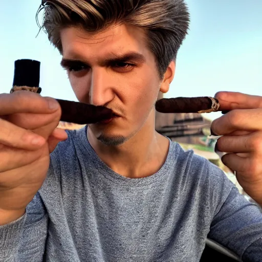 Image similar to a closeup photo of handsome gigachad xqc elrubius smoking a cigar