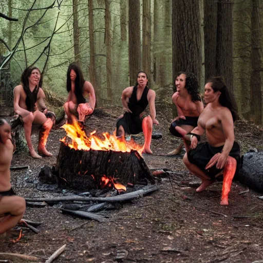 Image similar to and 8 k uhd photo of some witches in the woods with skin and muscle and blood dancing and crawling around a fire pit