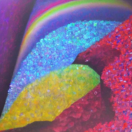 Image similar to rainbow colored crystal cave, oil on canvas,