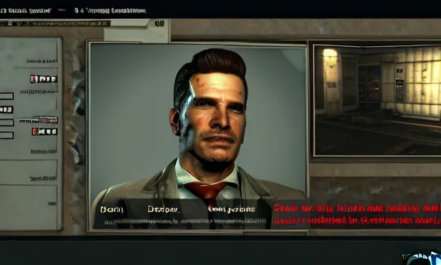 Prompt: ingame dialog talking!!!!!!!!! to dennis!!!!! bateman!!!!! in fallout 5, hd 4 k max settings raytracing