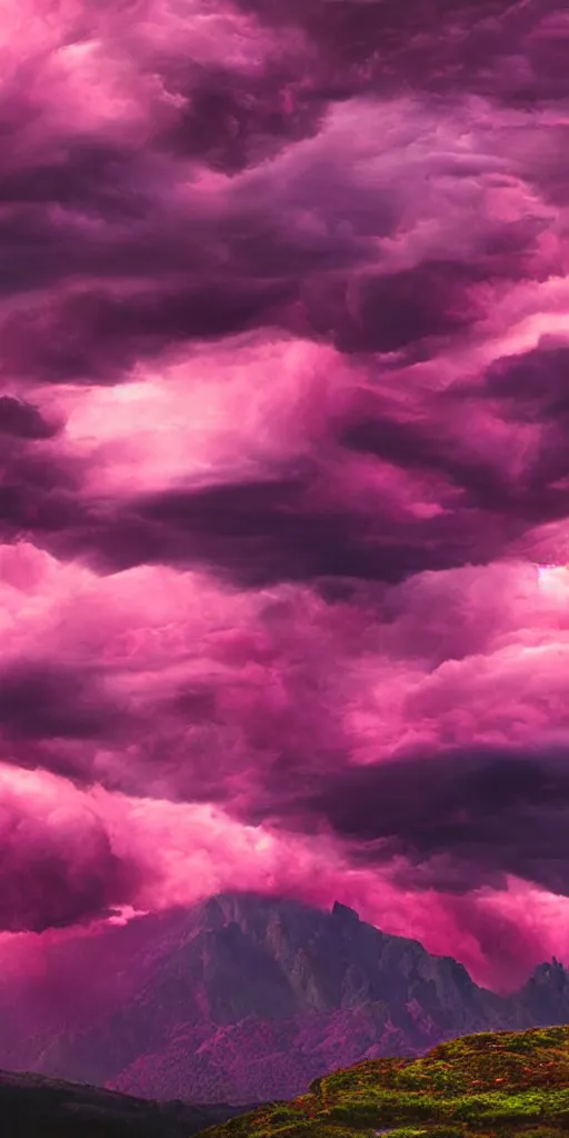 Image similar to high quality digital artwork of colorful purple red magical storm clouds around a tall mountain range