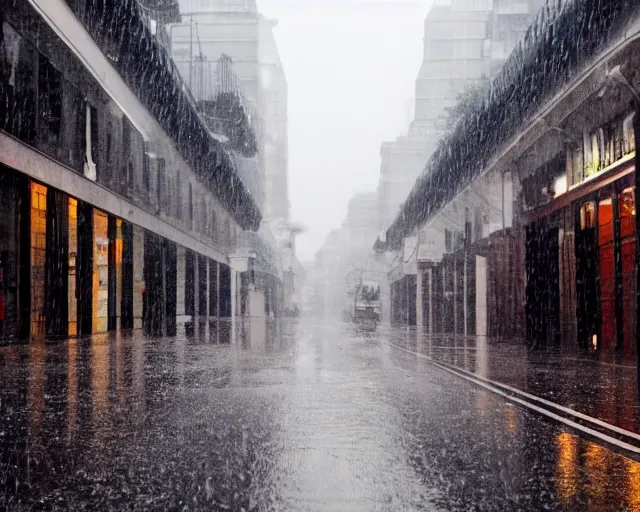 Prompt: a city street under rain