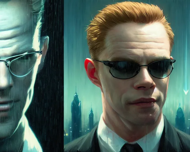 Image similar to highly detailed portrait of albert wesker as agent smith, in the matrix, stephen bliss, unreal engine, fantasy art by greg rutkowski, loish, rhads, ferdinand knab, makoto shinkai and lois van baarle, ilya kuvshinov, rossdraws, tom bagshaw, global illumination, radiant light, detailed and intricate environment