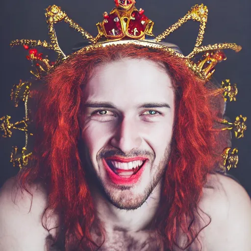 Image similar to man with red colored eyes and a crown grinning