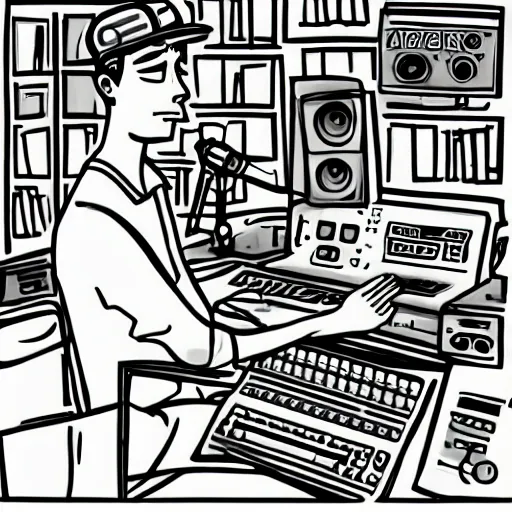 Image similar to an illustration that looks very similar to lo - fi hip hop guy in recording studio